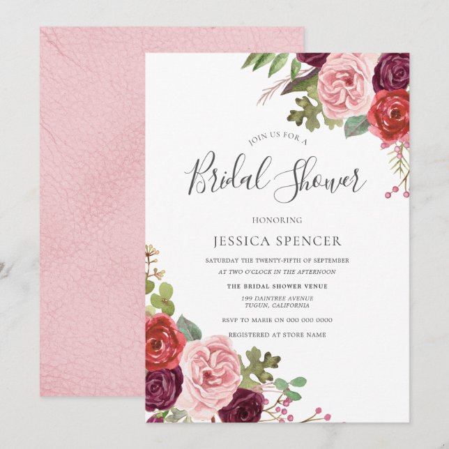  Rosa Burgundy Blommigt Möhippa Inbjudan (Fram/baksida)