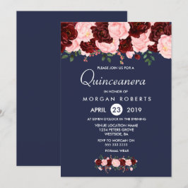 Rosa Burgundy Blommigt Navy Blue Quinceanera Inbju Inbjudningar