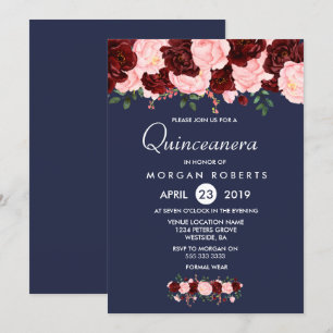 Rosa Burgundy Blommigt Navy Blue Quinceanera Inbju Inbjudningar