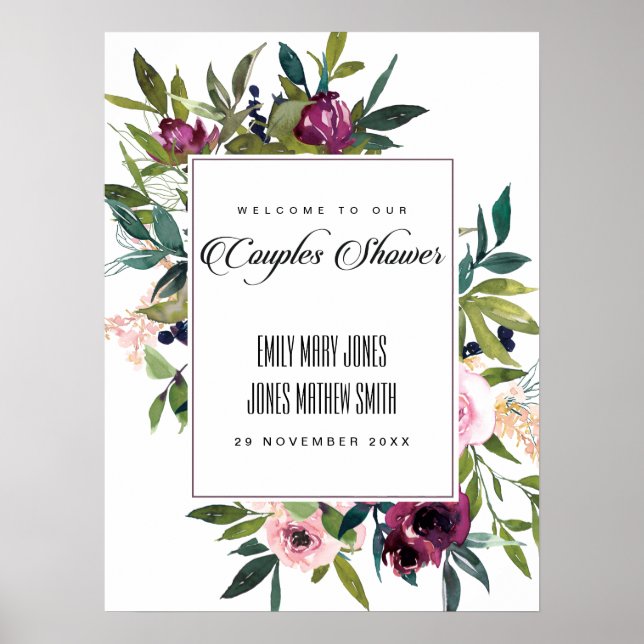 ROSA  BURGUNDY BLOMMIGT PAR SHOWER WELCOME POSTER (Framsidan)
