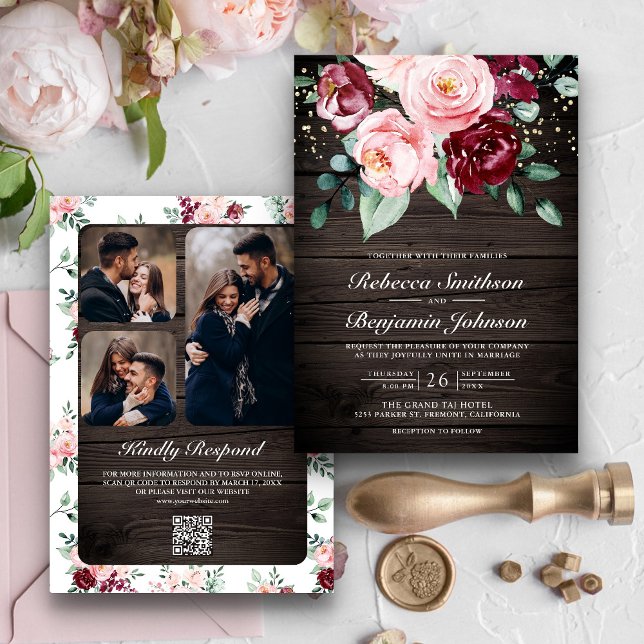  Rosa Burgundy Blommigt QR-kod Wood Bröllop Inbjudningar (Skapare uppladdad)
