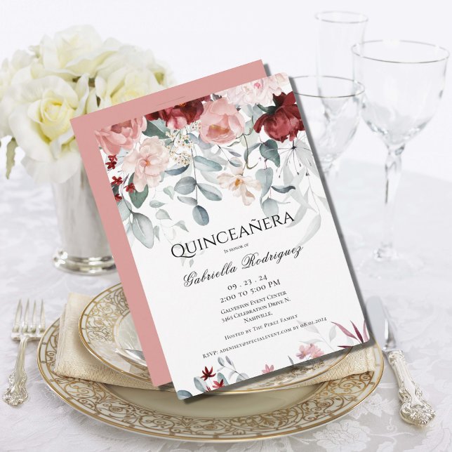 Rosa Burgundy  Blommigt Watercolor Quinceañera Inbjudningar (Skapare uppladdad)
