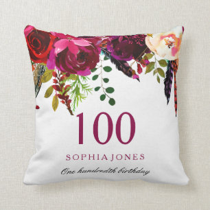 Rosa & Burgundy Boho Blommigt 100:e födelsedagsgåv Kudde