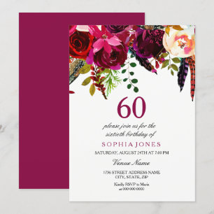 Rosa & Burgundy Boho Blommigt 60:e Födelsedagsfest Inbjudningar