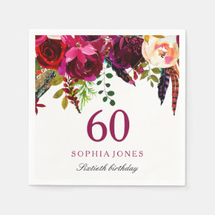 Rosa & Burgundy Boho Blommigt 60:e Födelsedagsfest Pappersservett