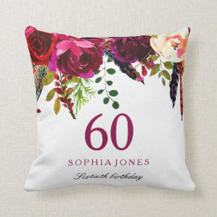 Rosa & Burgundy Boho Blommigt 60:e födelsedagspres Kudde