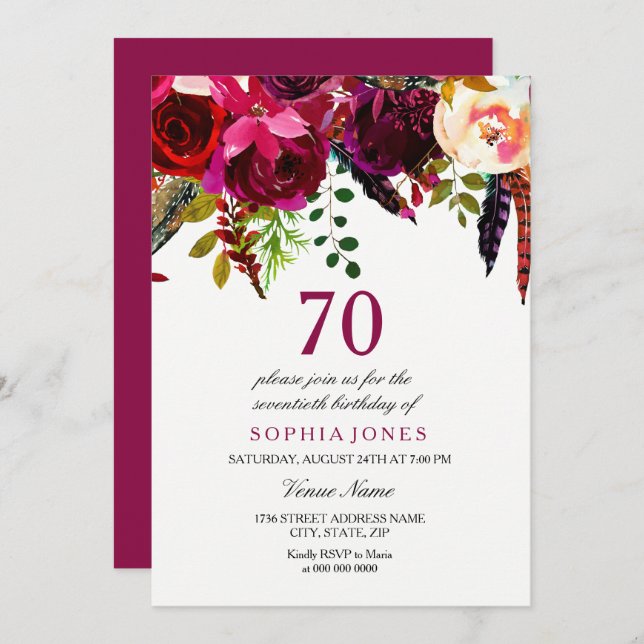 Rosa Burgundy Boho Blommigt 70:e Födelsedagsfesten Inbjudningar (Fram/baksida)