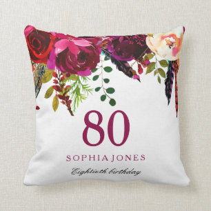 Rosa & Burgundy Boho Blommigt 80:e födelsedagsgåva Kudde
