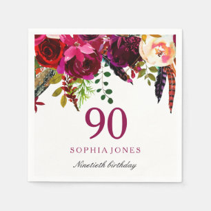 Rosa & Burgundy Boho Blommigt 90:e Födelsedagsfest Pappersservett
