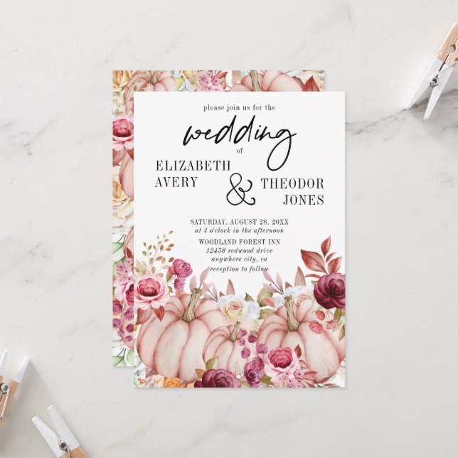 Rosa Burgundy Bröllop Pumpkin-inbjudan till hösten Inbjudningar (Fram/Back In Situ)