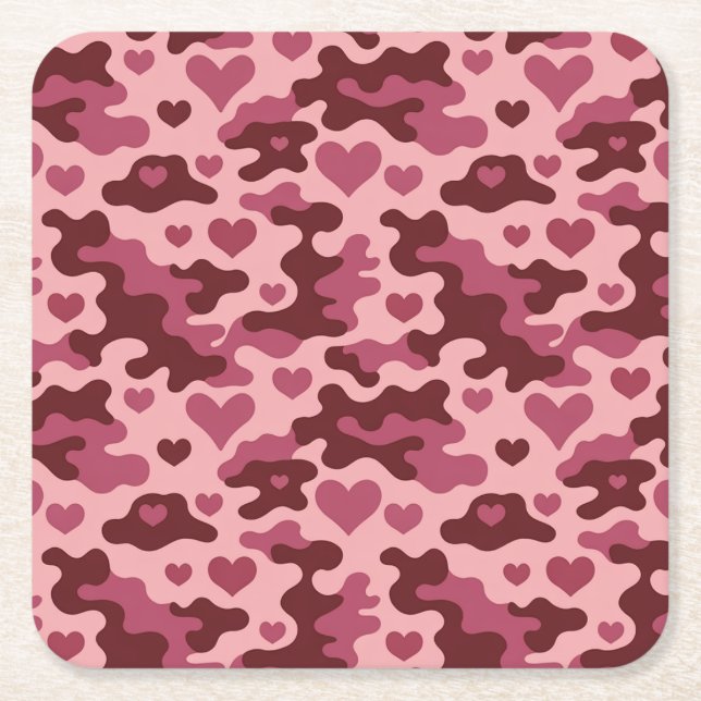 Rosa Burgundy Camo Hearts Underlägg uppsättning Papper Kvadrat (Framsidan)