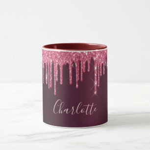 Rosa burgundy glitter droppar namn skript mugg
