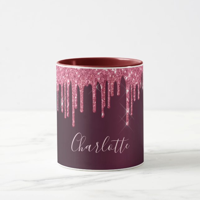 Rosa burgundy glitter droppar namn skript mugg (Center)
