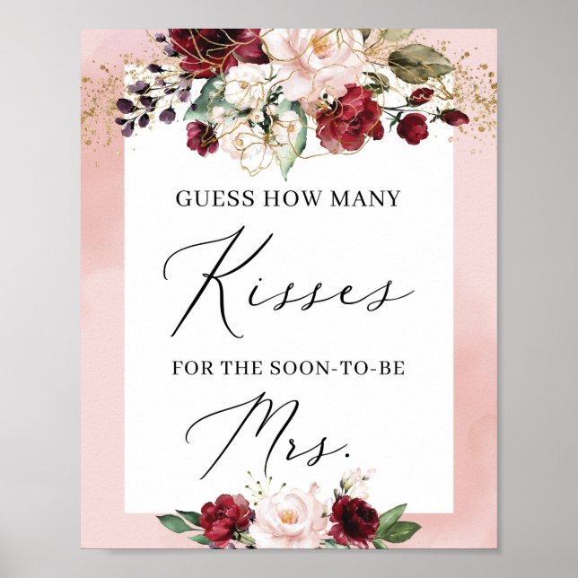 Rosa burgundy guld blommigt hur många kyssar skylt (Framsidan)
