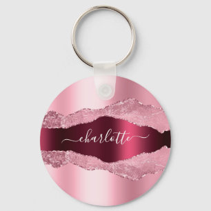 rosa burgundy metall agate marble namn nyckelring