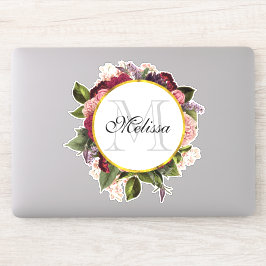 Rosa Burgundy och Grönt Blommigts Monogram Klistermärken