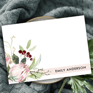 ROSA BURGUNDY PROTEA BLOMMIGT WATERCOLOR ANTECKNINGSKORT