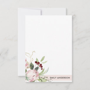 ROSA BURGUNDY PROTEA BLOMMIGT WATERCOLOR ANTECKNINGSKORT