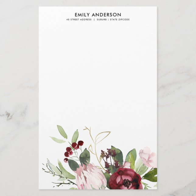  ROSA BURGUNDY PROTEA BLOMMIGT WATERCOLOR BREVPAPPER (Framsida)