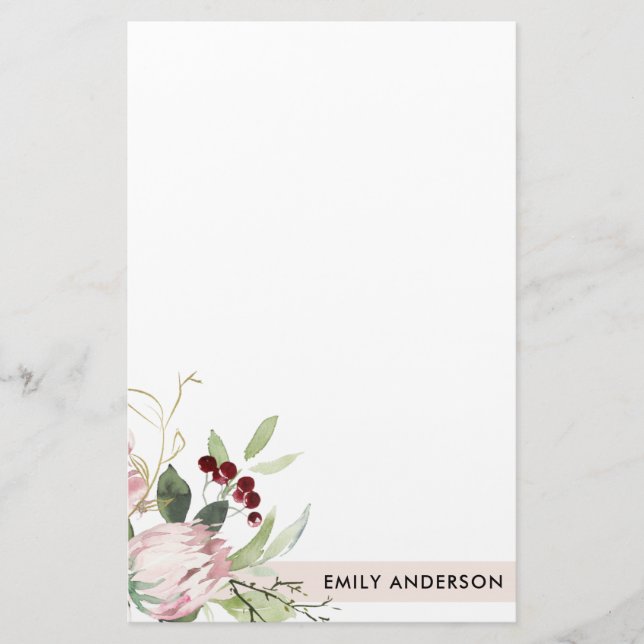  ROSA BURGUNDY PROTEA BLOMMIGT WATERCOLOR BREVPAPPER (Framsida)