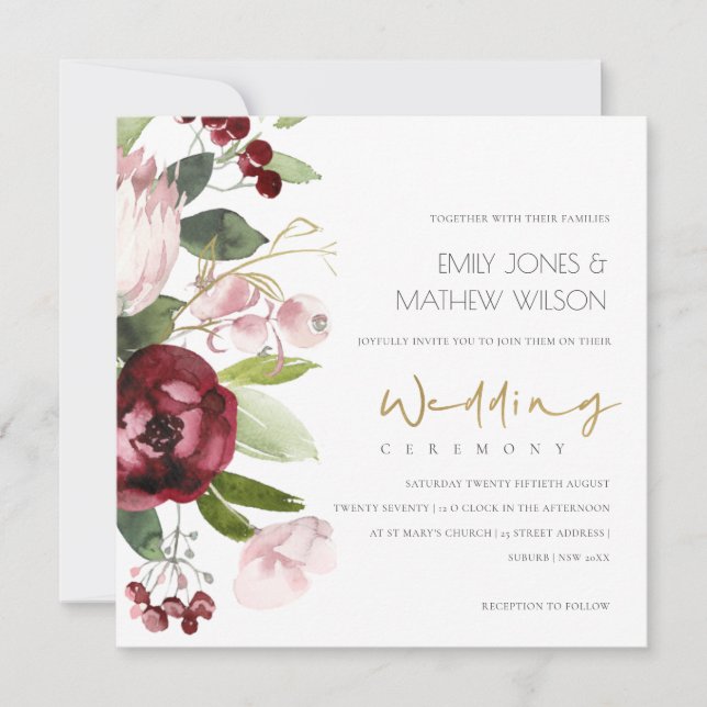  ROSA BURGUNDY PROTEA PEONY BLOMMIGT BRÖLLOP INBJUDNINGAR (Framsida)