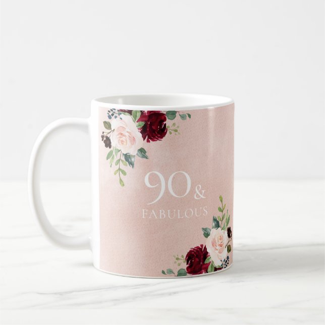  Rosa Burgundy Red 90:e Födelsedagsfest Gift Kaffemugg (Vänster)