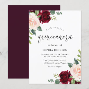 Rosa Burgundy Red Blommigt Quinceanera Party Inbjudningar
