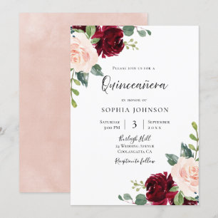 Rosa & Burgundy Red Blommigt Quinceanera Party Inbjudningar