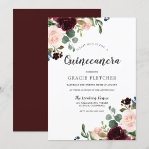 Rosa & Burgundy Red Flowers Quinceanera Party Inbjudningar