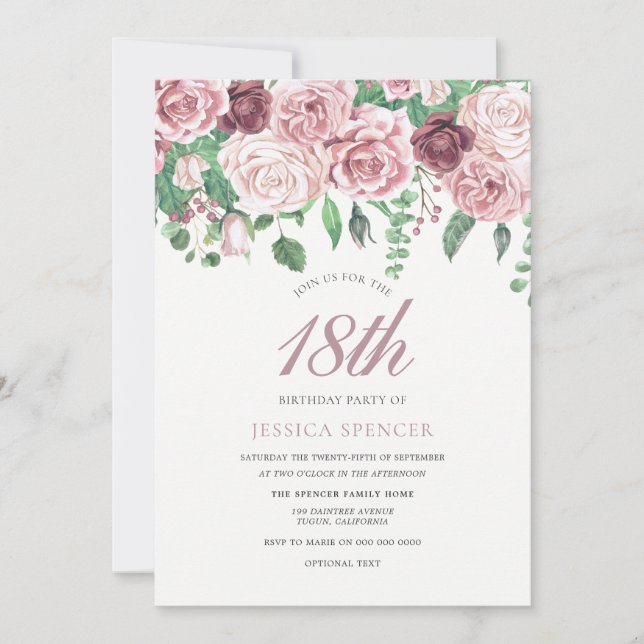 Rosa Burgundy Ro 17:e 18:e födelsedagen Inbjudan (Framsida)