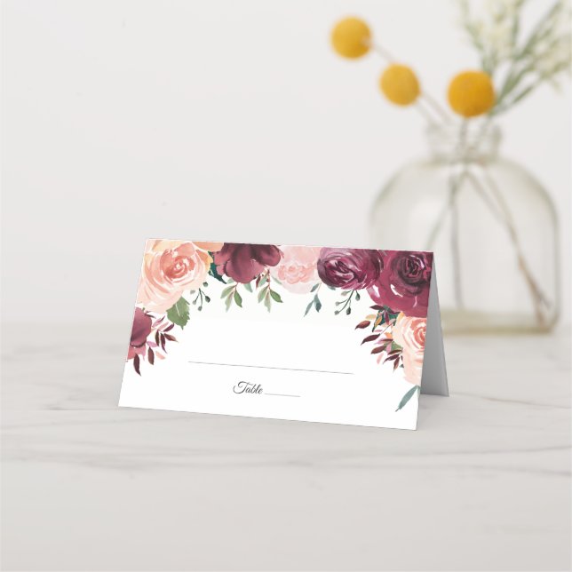  Rosa Burgundy Ro Blommigt Bröllop Placeringskort (Framsida)