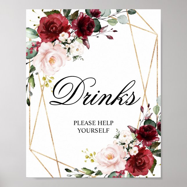  Rosa & Burgundy Ro Shower Drinks Sign Poster (Framsidan)