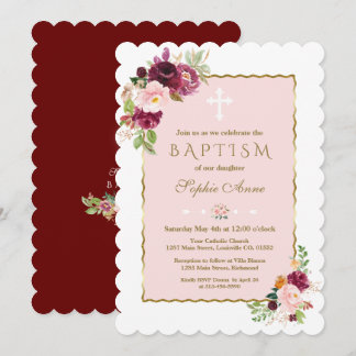 Rosa Burgundy Saffron Flowers Guld Baptism Inbjudningar