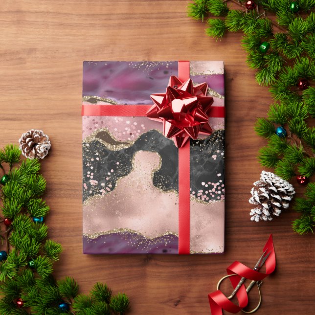  Rosa Burgundy Vin Guld Black Glitter Presentpapper (Julgåva)