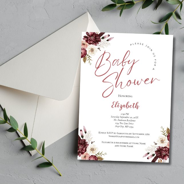 Rosa Burgundy Watercolor Blommigt Baby Shower Inbjudningar (Pink Burgundy Floral Baby Girl Baby Shower Invitation. Printed or Instant Digital Download)