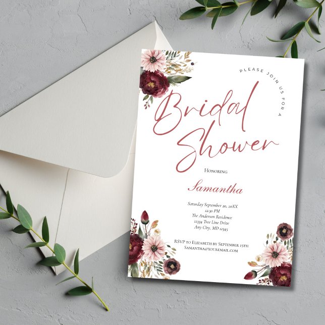 Rosa Burgundy Watercolor Blommigt Möhippa Inbjudningar (Pink Burgundy watercolor floral Bridal Shower Invitation, printed or digital download)