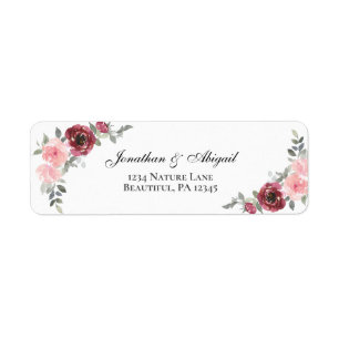 Rosa Burgundy Watercolor Flowers Bröllop Returadress Etikett
