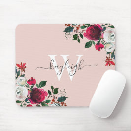Rosa Burgundy Watercolor Ro Blommigt Monogrammad Musmatta