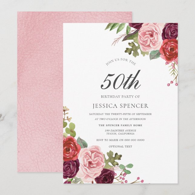 Rosa & Burgundy Womans 50:e Födelsedagsfest Inbjud Inbjudningar (Fram/baksida)