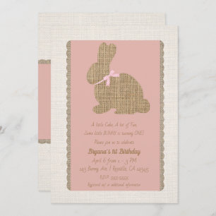 Rosa & Burlap Rustic Bunny Påsk 1:a födelsedag Inbjudningar