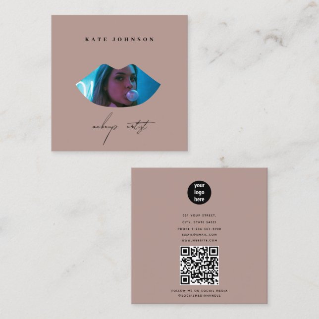  Rosa Business Logotyp Photo Makeup Artist Lip Fyrkantigt Visitkort (Fram/baksida)