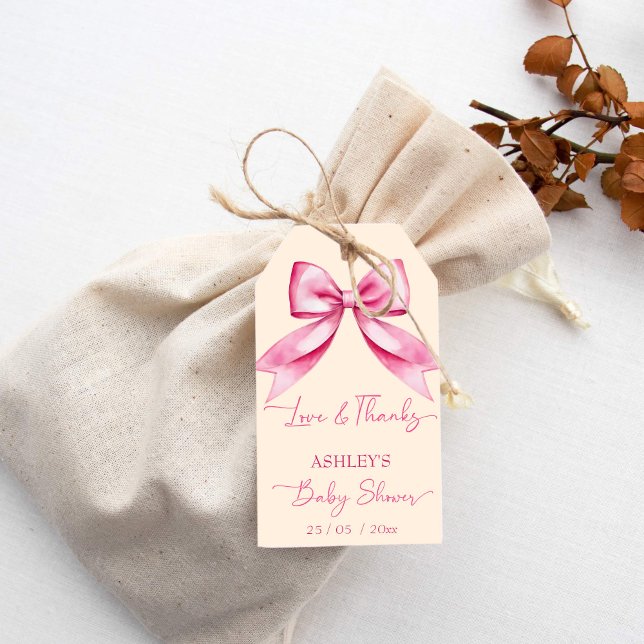 Rosa-busken, babydusch... presentetikett (Pink bow ribbon baby shower cute thank you favor gift tags blush pink bow favor tags)