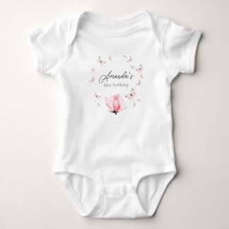 Rosa Butterflies 1:a födelsedag baby kostym T Shirt