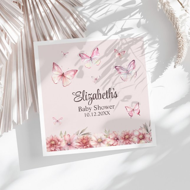 Rosa Butterflies and Flowers Baby Shower Pappersservett (Pink Butterflies and Flowers Baby Shower Napkins on a white sunny table.)