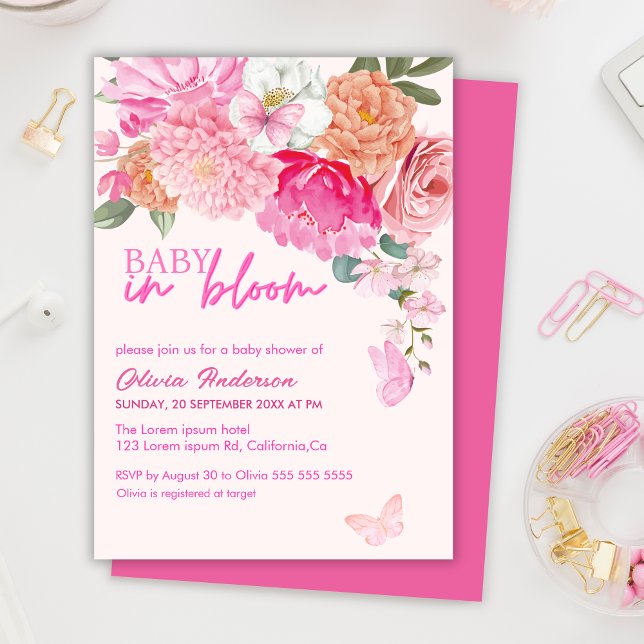 Rosa Butterflies Baby i Bloom blommigt Baby Shower Inbjudningar (Skapare uppladdad)