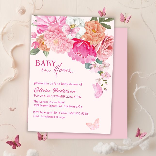 Rosa Butterflies Baby i Bloom blommigt Baby Shower Inbjudningar (Skapare uppladdad)