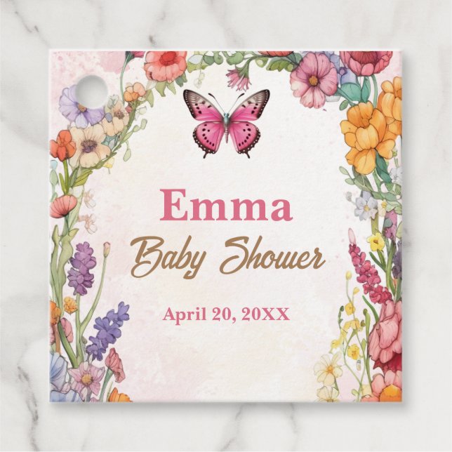 Rosa Butterflies Baby Shower Blommigt Garden Gåvor Etiketter (Framsida)