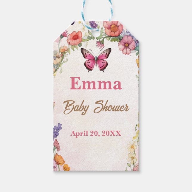 Rosa Butterflies Baby Shower Blommigt Garden Presentetikett (Framsidan)