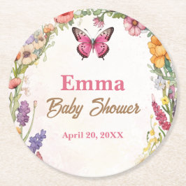 Rosa Butterflies Baby Shower Blommigt Garden Underlägg Papper Rund