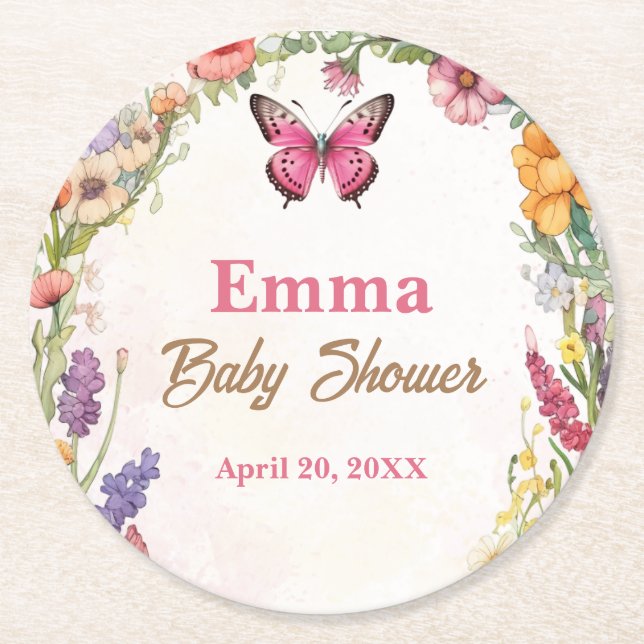 Rosa Butterflies Baby Shower Blommigt Garden Underlägg Papper Rund (Framsidan)